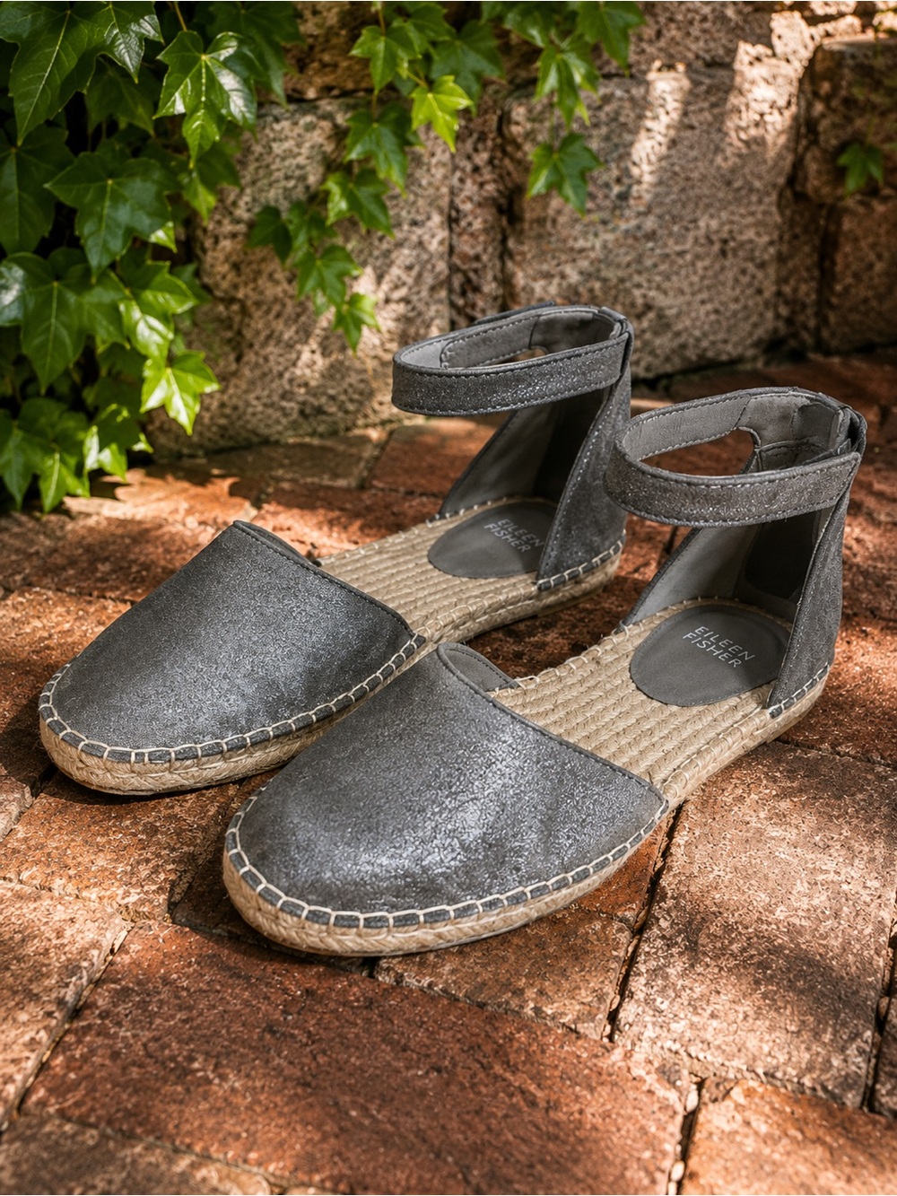 EILEEN FISHER Coastal Luxury Nubuck Gray Ankle-Strap Espadrilles, 7.5